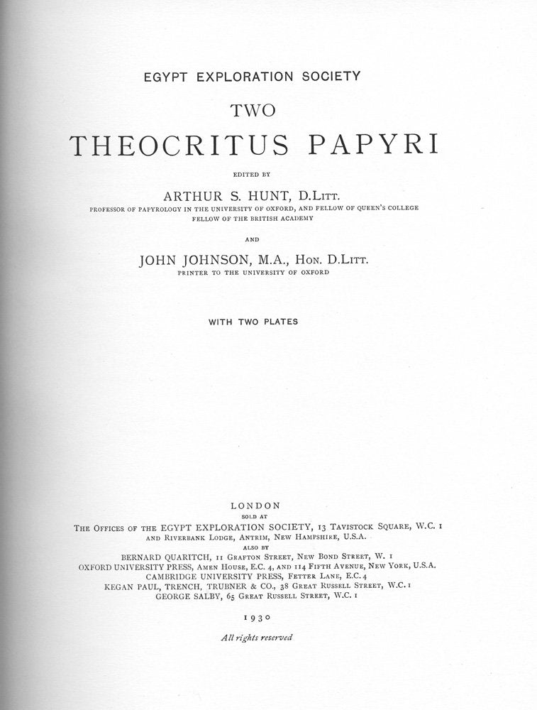 Two Theocritus Papyri (GraecoRoman Memoirs) (Greek Edition),Used