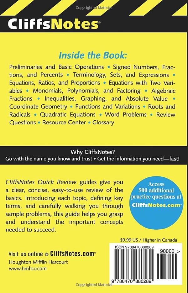 CliffsNotes Algebra I Quick Review: 2nd Edition,Used