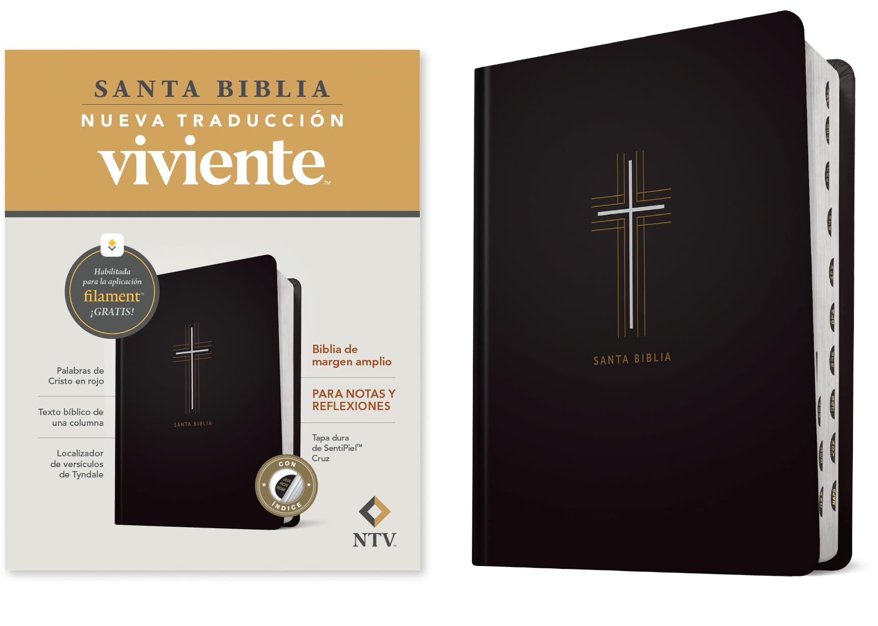 Biblia De Margen Amplio Ntv Con Filament (Tapa Dura De Sentipiel, Cruz, ndice, Letra Roja) (Spanish Edition)