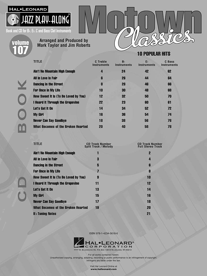 Motown Classics  Jazz PlayAlong Volume 107 Book/Online Audio (Hal Leonard Jazz PlayAlong),Used