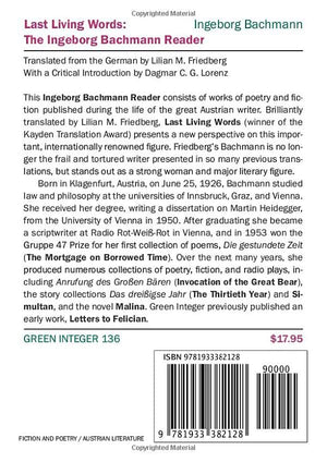 Last Living Words: The Ingeborg Bachmann Reader (Green Integer),Used