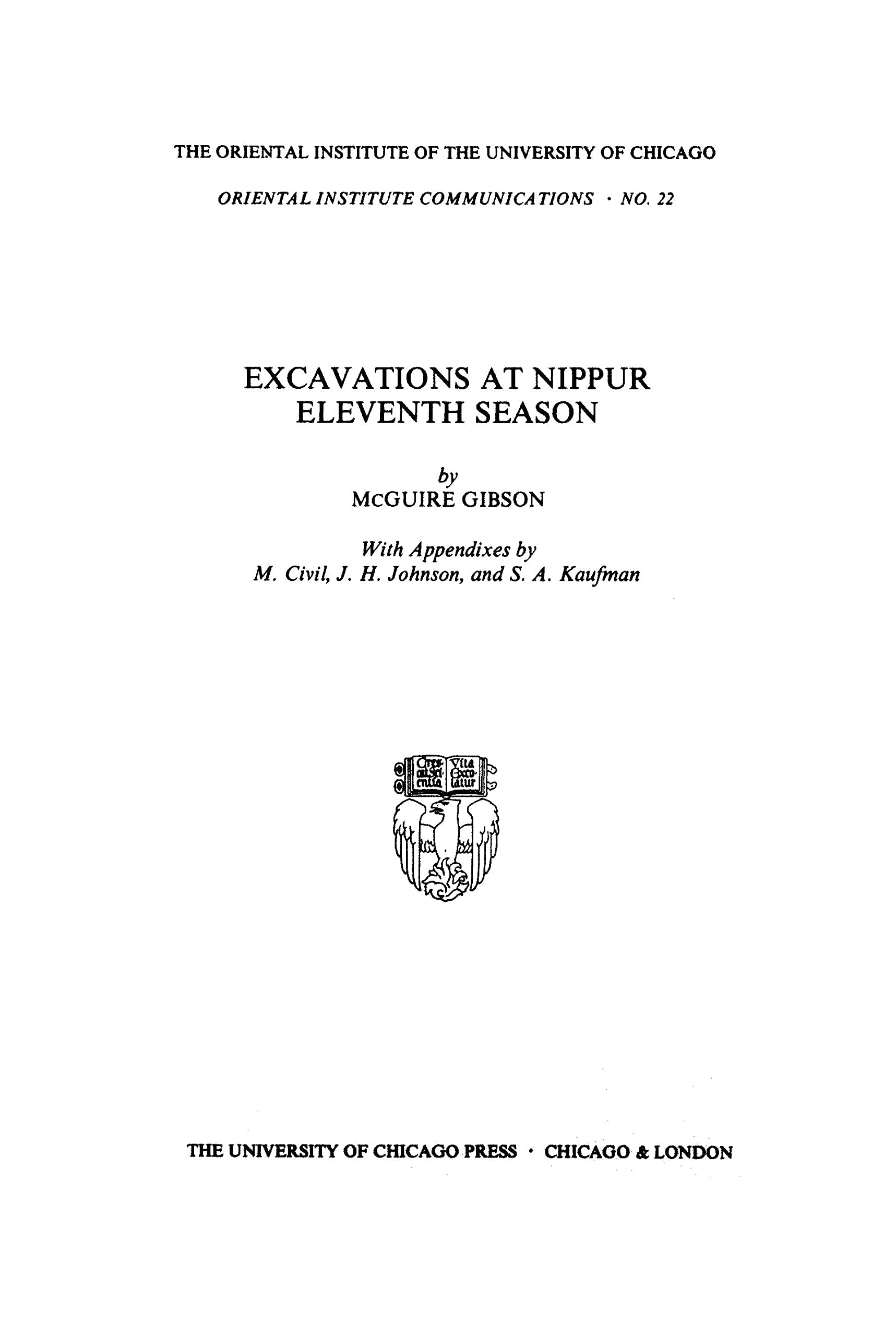 Excavations at Nippur: Eleventh Season (Oriental Institute Communications),Used