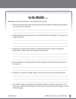 Comprehension and Critical Thinking 6th Grade  Sixth grade workbook with lessons to improve comprehension, critical thinking an,Used
