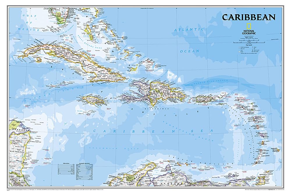 National Geographic Caribbean Wall Map  Classic (Poster Size: 36 X 24 In) (National Geographic Reference Map),New