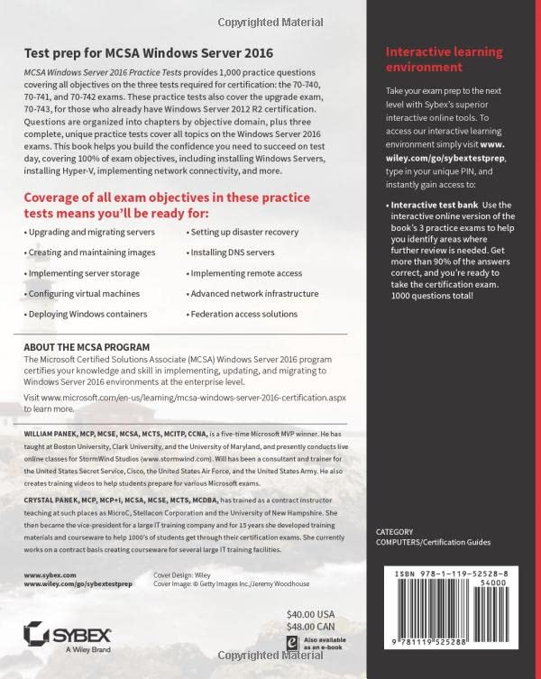 MCSA Windows Server 2016 Practice Tests: Exam 70740, Exam 70741, Exam 70742, and Exam 70743,Used