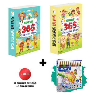 Super & Giant - 365 Colouring Books And 12 Colour Pencils + 1 Sharpener :- Preschoolers Colouring Combo, Vibrant Art Book Set For Children, 365 Colouring Fun For Kids | Combo Of 2 Colouring Books