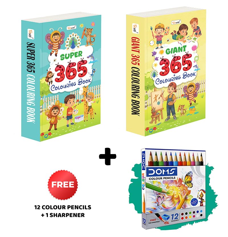 Super & Giant - 365 Colouring Books And 12 Colour Pencils + 1 Sharpener :- Preschoolers Colouring Combo, Vibrant Art Book Set For Children, 365 Colouring Fun For Kids | Combo Of 2 Colouring Books
