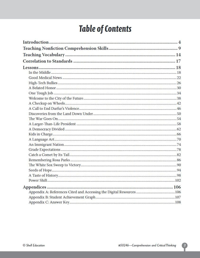 Comprehension and Critical Thinking 6th Grade  Sixth grade workbook with lessons to improve comprehension, critical thinking an,Used