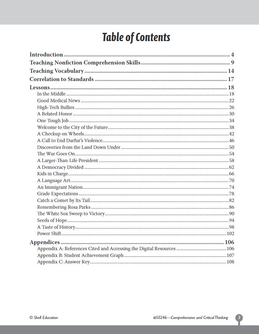 Comprehension and Critical Thinking 6th Grade  Sixth grade workbook with lessons to improve comprehension, critical thinking an,Used