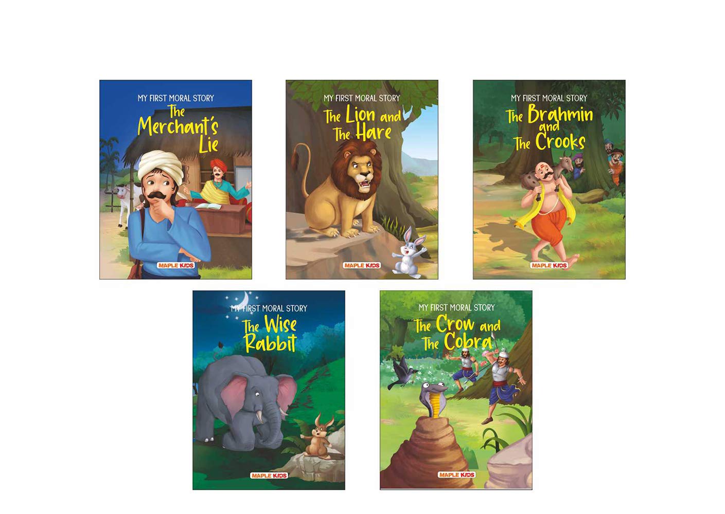 My First Moral Story (Set Of 5 Books) - Story Book For Kids - Colourful Pictures - The Merchants Lie, The Wise Rabbit, The Lion And The Hare, The Crow And The Cobra, The Brahmin And The Crooks