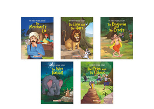 My First Moral Story (Set Of 5 Books) - Story Book For Kids - Colourful Pictures - The Merchants Lie, The Wise Rabbit, The Lion And The Hare, The Crow And The Cobra, The Brahmin And The Crooks