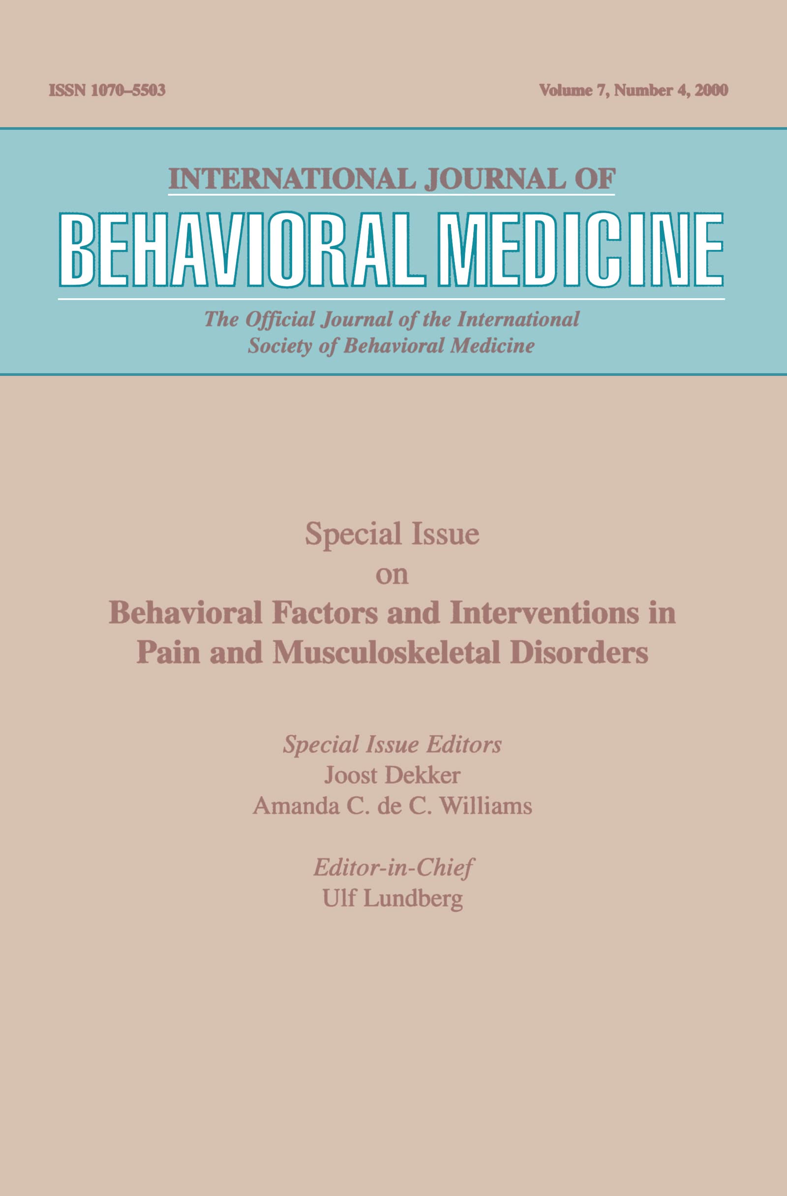 Behavioral Factors And Interventions In Pain And Musculoskeletal Disorders (International Journal Of Behavioral Medicine),New