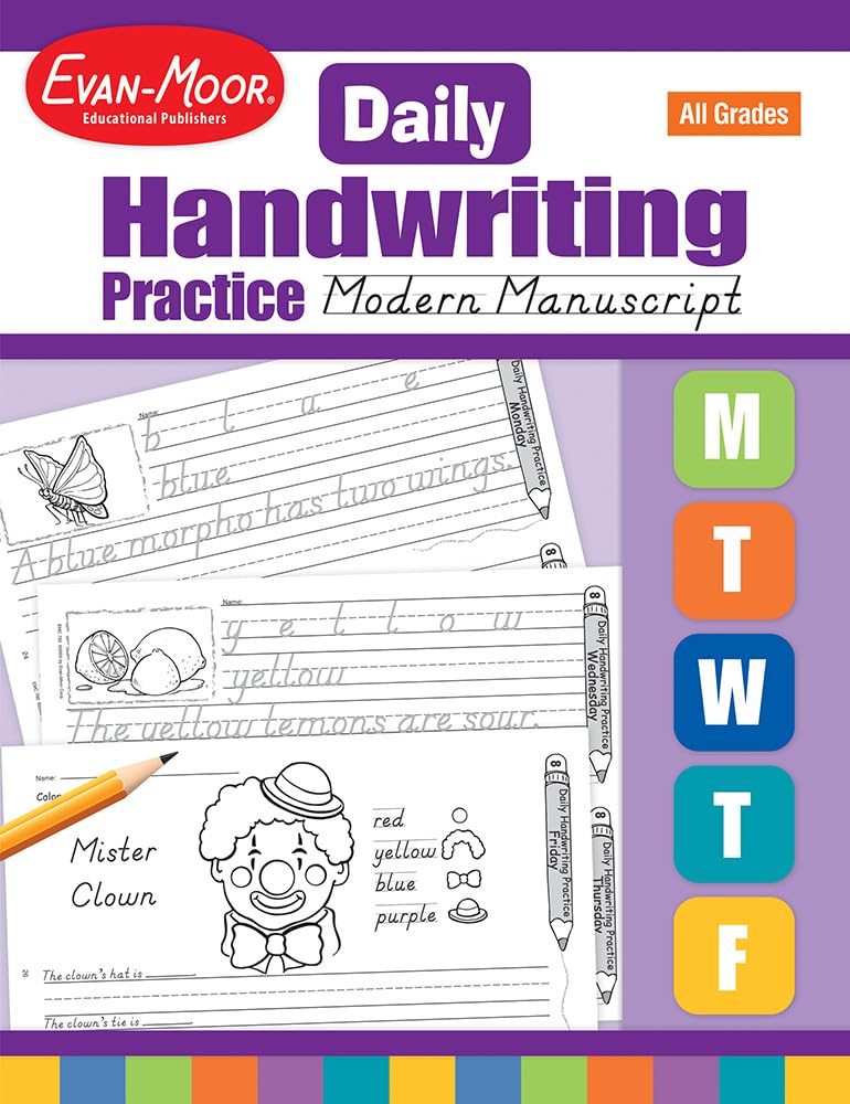 EvanMoor Daily Handwriting Practice Modern Manuscript, KindergartenGrade 6, Homeschooling and Classroom Resource Workbook, Pen,New