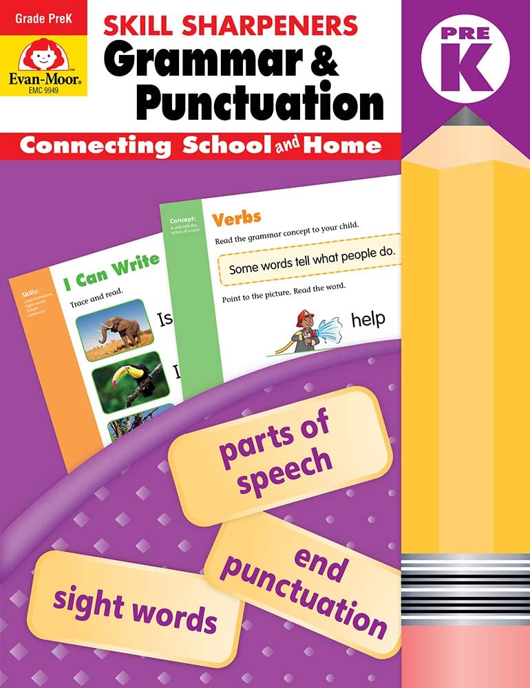 EvanMoor Skill Sharpeners Grammar and Punctuation Grade PreK, Color Activity Book  Supplemental Homeschool Workbook,Used