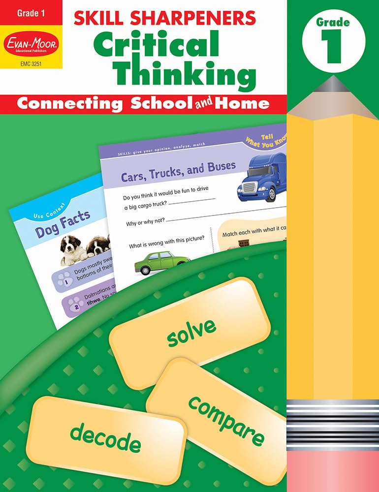 EvanMoor Skill Sharpeners Critical Thinking, Grade 1 Workbook, Problem Solving Skills, Fun Activities, HigherOrder, OpenEnded,Used