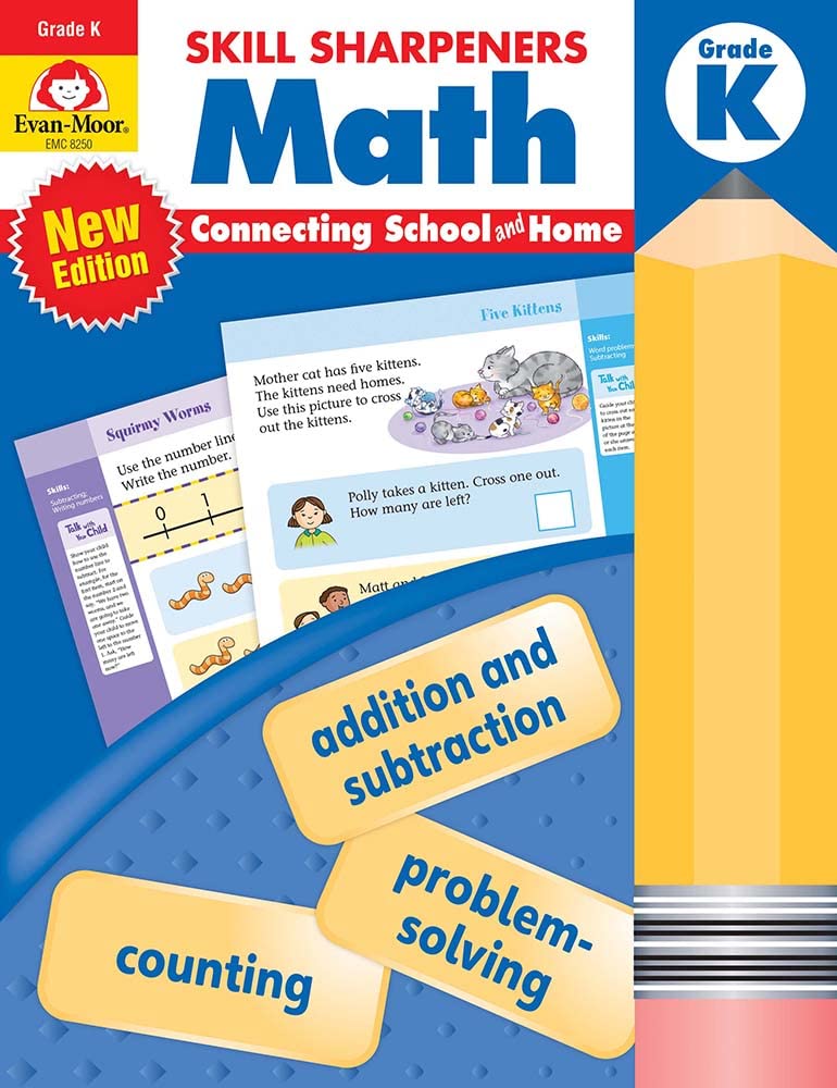 Evanmoor Skill Sharpeners Math Workbook, Kindergarten, Addition, Subtraction, Numbers, Geometric Shapes, Word Problems, Place V,Used