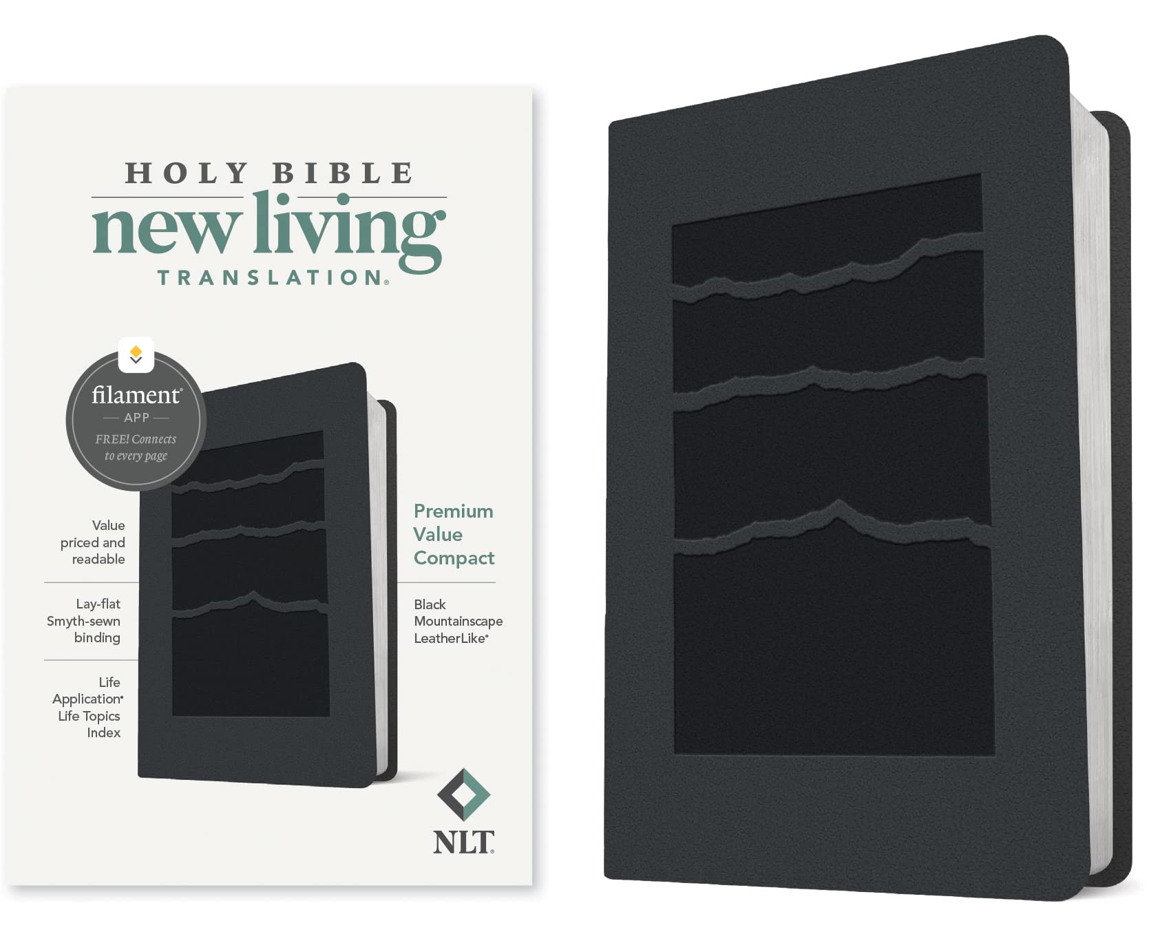 NLT Premium Value Compact Bible, FilamentEnabled Edition (LeatherLike, Black Mountainscape),New