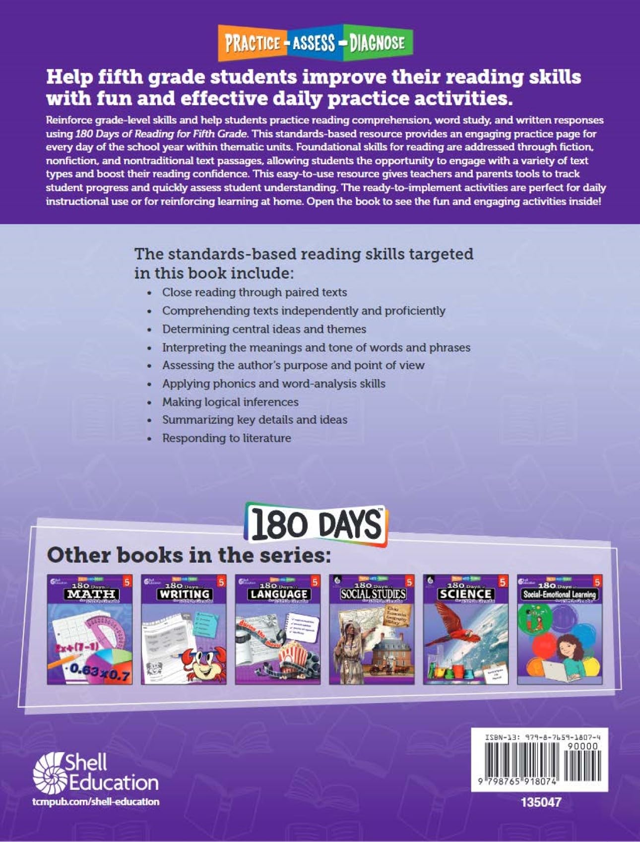 180 Days: Includes 4 Assorted Workbooks for Reading, Math, Writing, and Grammar Skills for 5th Grade Practice Workbook for Class,Used