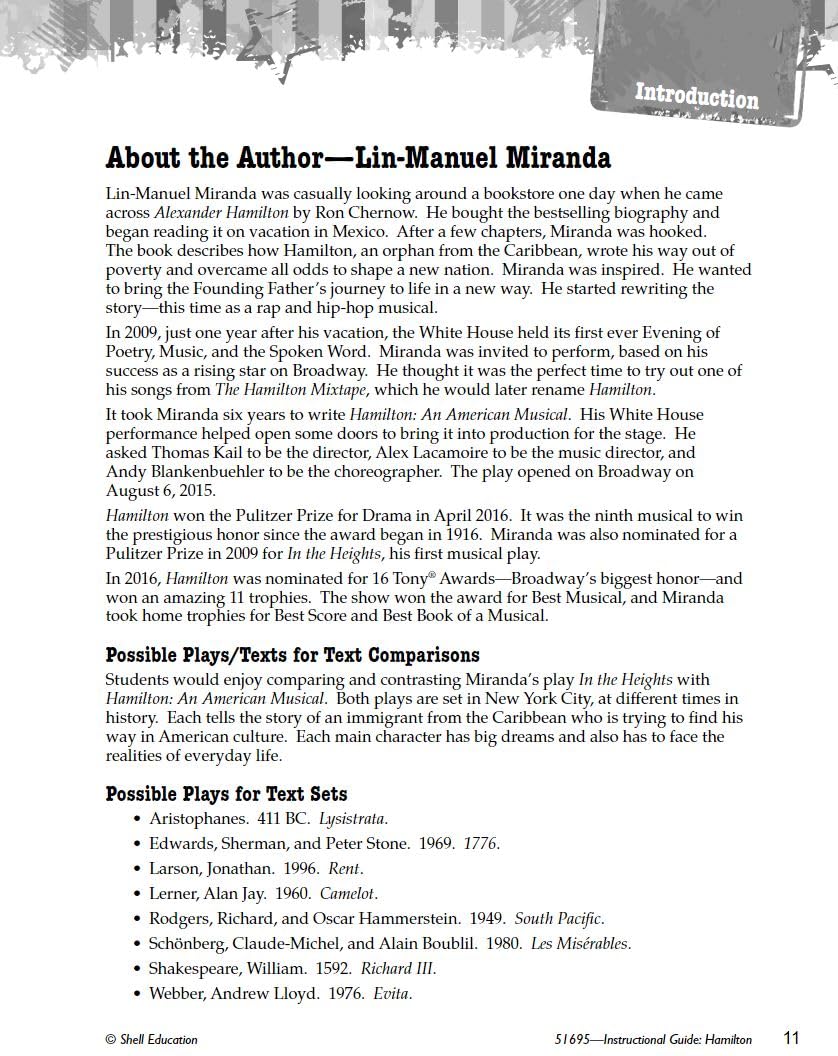 Hamilton: An American Musical  An Instructional Guide for Literature  Novel Study Guide for 6th12th Grade Literature with Clo,Used