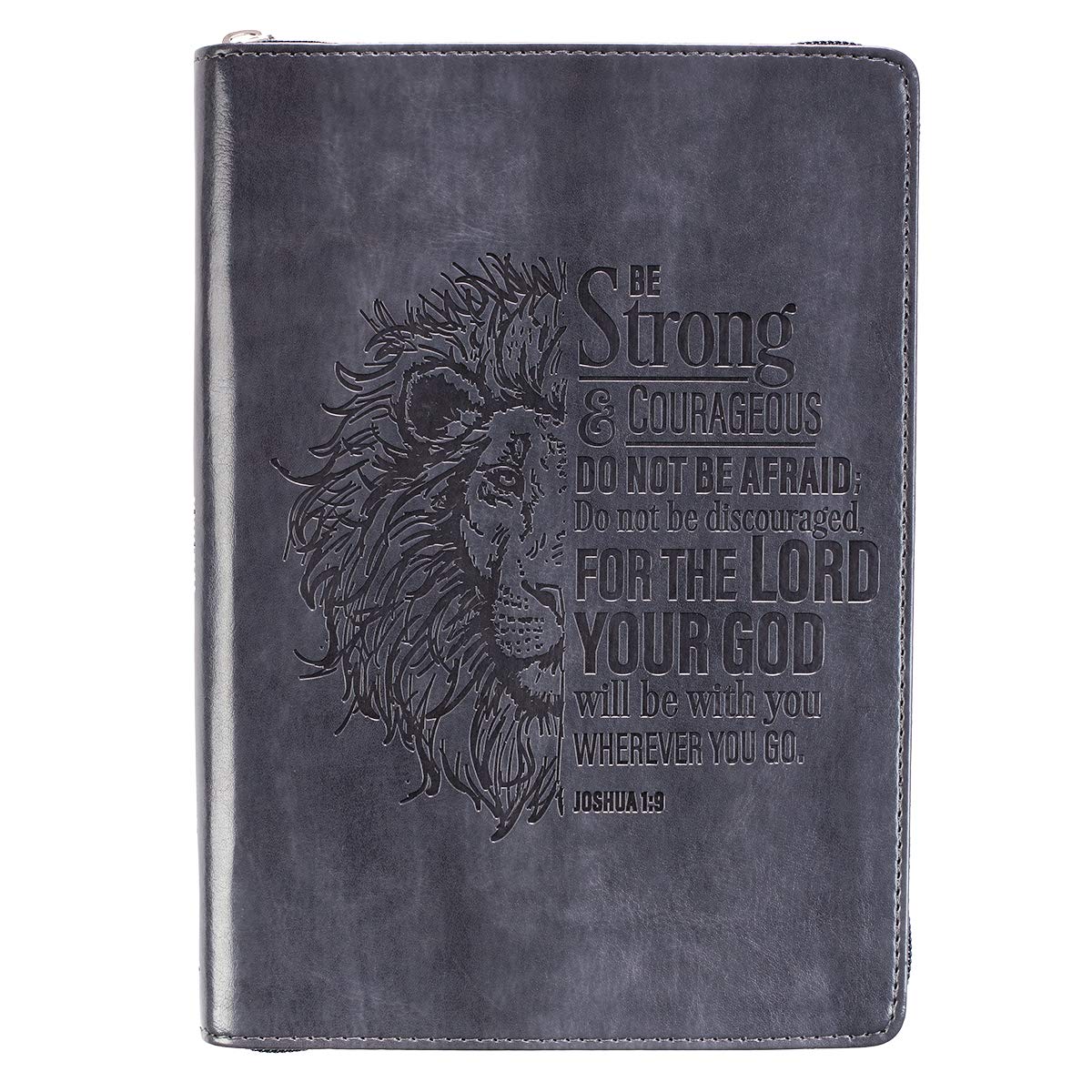 Classic Faux Leather Journal Be Strong and Courageous Lion Joshua 1:9 Bible Verse Gray Inspirational Notebook, Lined Pages w/Scr