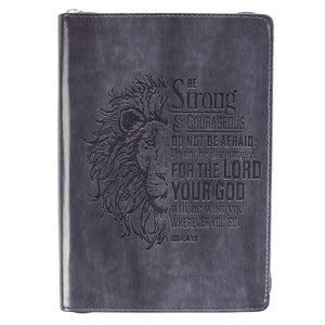 Classic Faux Leather Journal Be Strong and Courageous Lion Joshua 1:9 Bible Verse Gray Inspirational Notebook, Lined Pages w/Scr