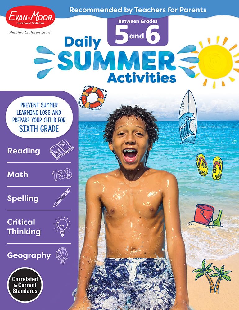 EvanMoor Daily Summer Activities, Grade 56 Workbook, Prevent Learning Loss, Reading Comprehension, Writing, Math, Grammar, Pun,New