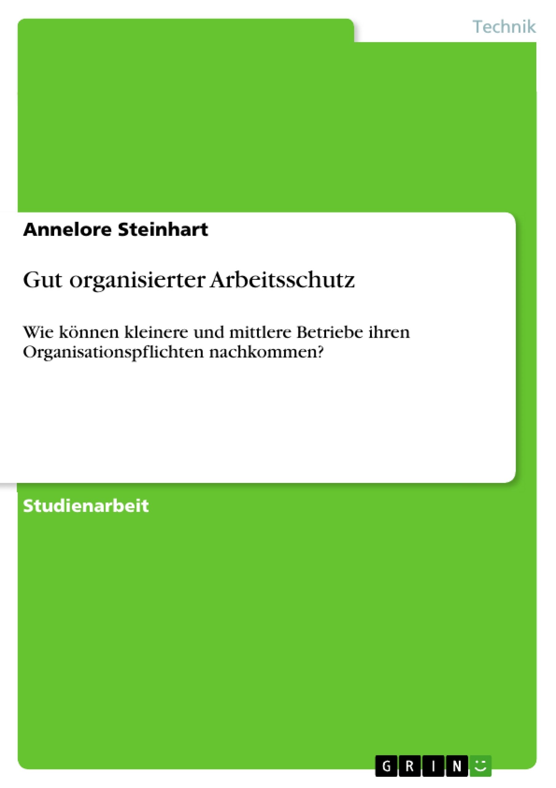 Gut Organisierter Arbeitsschutz: Wie Knnen Kleinere Und Mittlere Betriebe Ihren Organisationspflichten Nachkommen? (German Editi,Used
