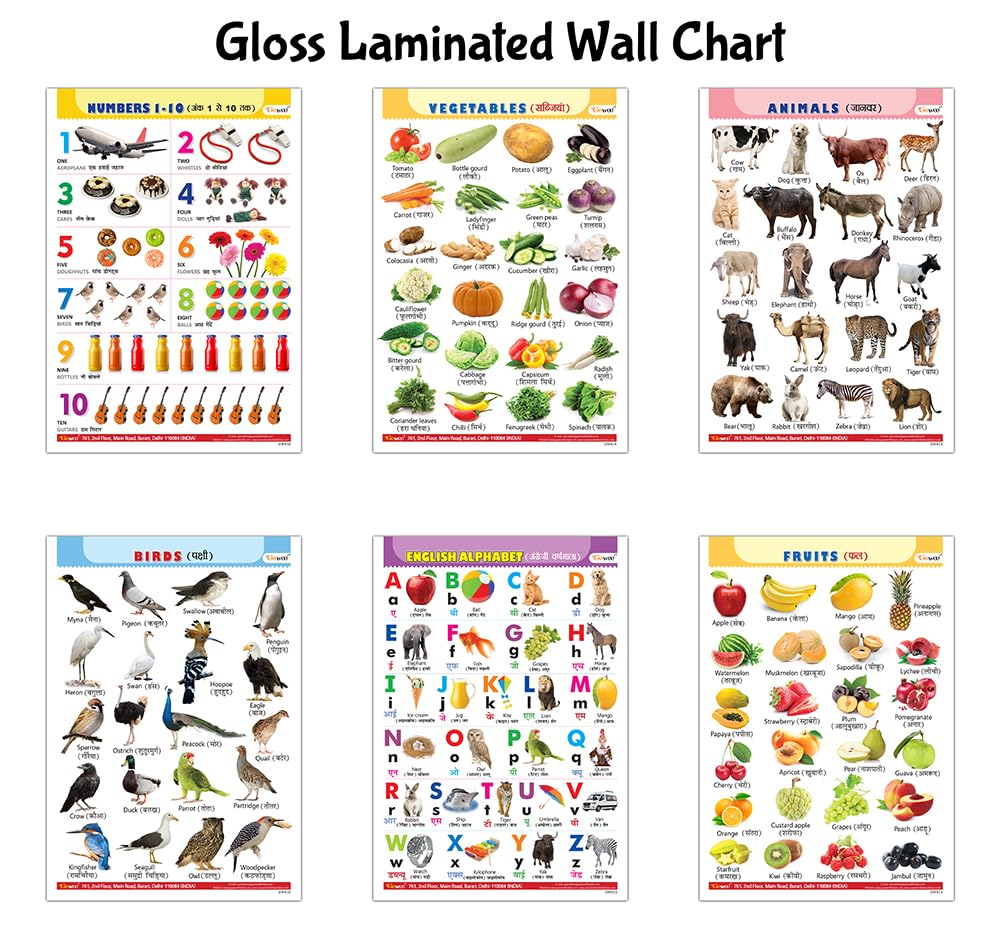 Alphabet, Fruits, Vegetables, Animals, Birds And Numbers Gloss Laminated Charts :- Learning Chart For Kids, Educational Wall Posters, Picture Chart Set | Combo Of 6 English-Hindi Charts