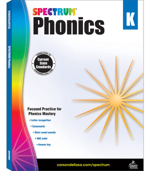 Spectrum Kindergarten Phonics Workbook, Activity Book Ages 46 Covering Alphabet Letter Recognition, Vowels, Sight Words, and Mo,New