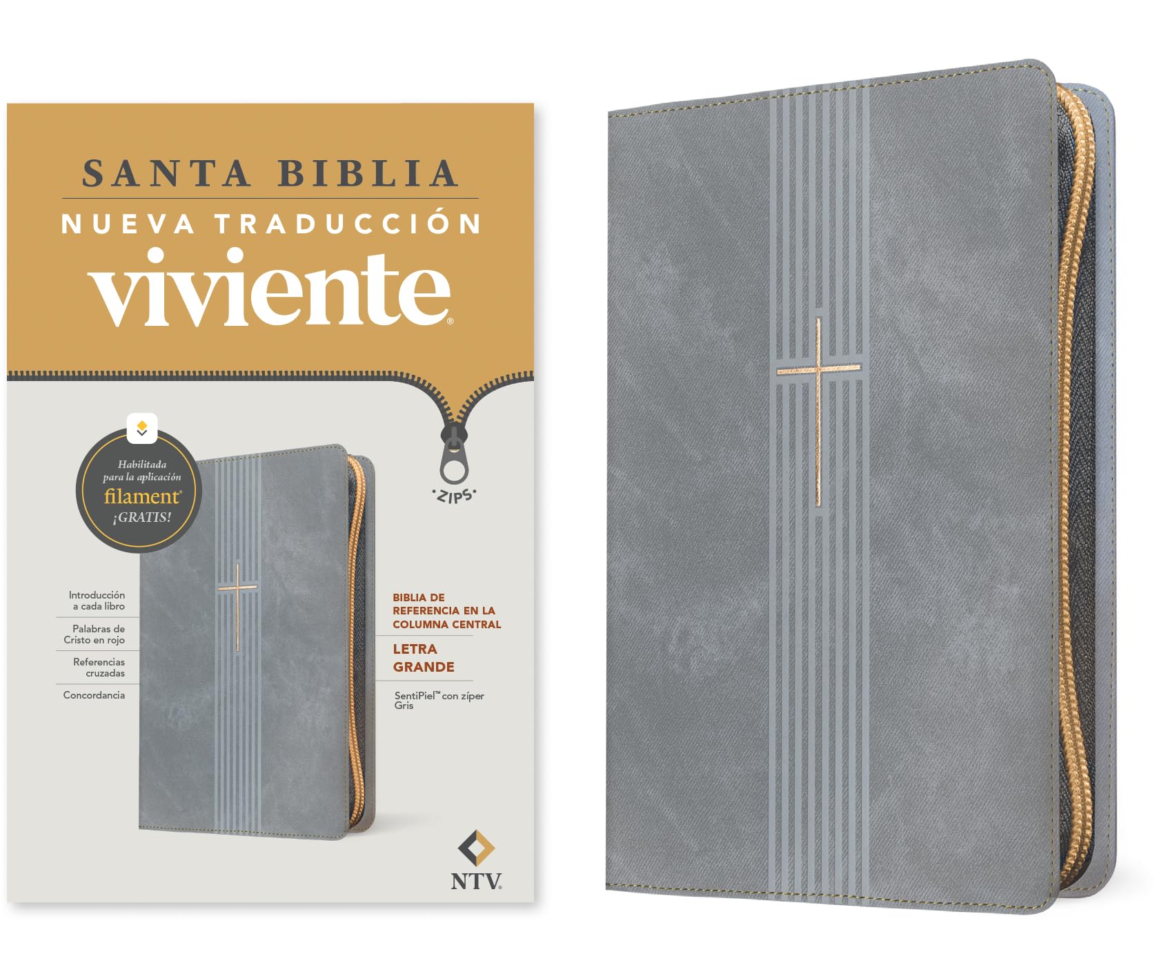 Biblia De Referencia En La Columna Central Ntv, Letra Grande De Zper Con Filament (Sentipiel, Gris, Letra Roja) (Spanish Edition