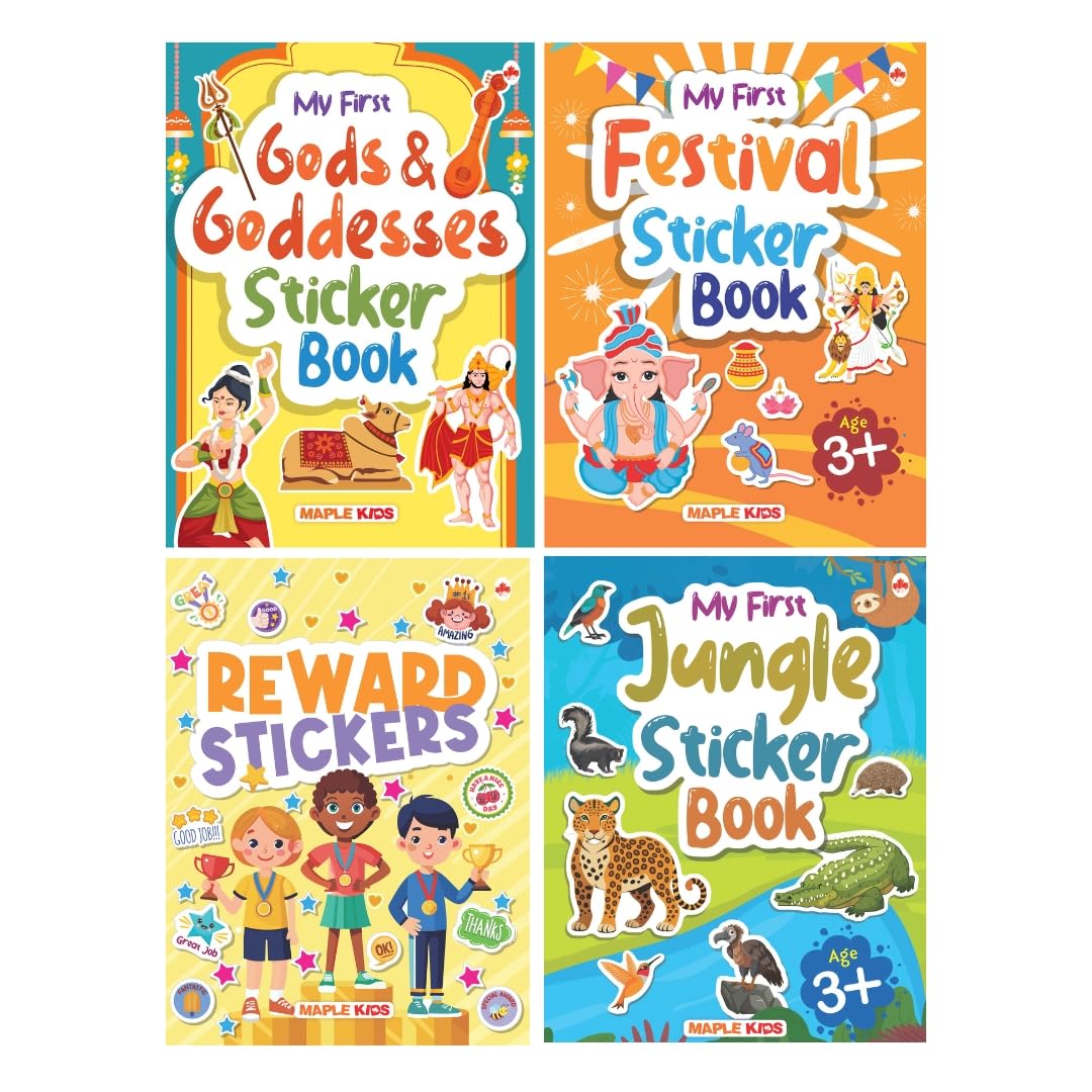Sticker Books (Set Of 4 Books) - Gods And Goddesses, Festivals, Rewards, Jungle - Activity Books For Kids - Stickers For Children - Age 3+ Years