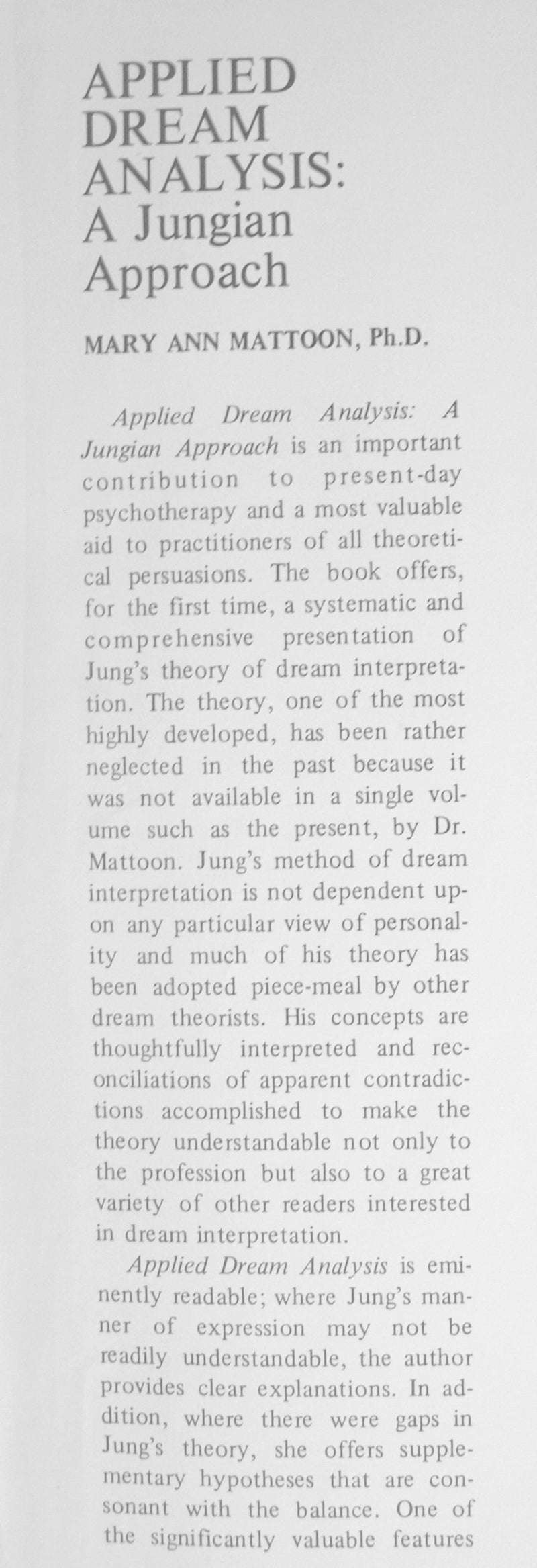 Applied Dream Analysis: A Jungian Approach,Used