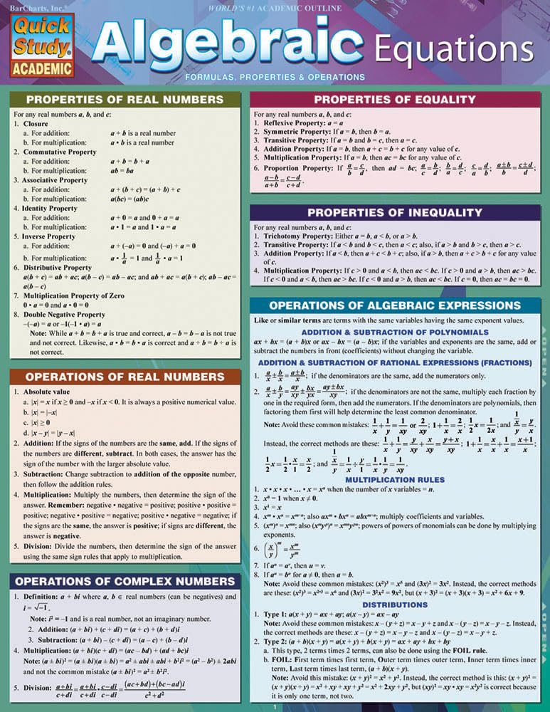 Algebraic Equations QuickStudy Laminated Reference Guide (QuickStudy Academic),New
