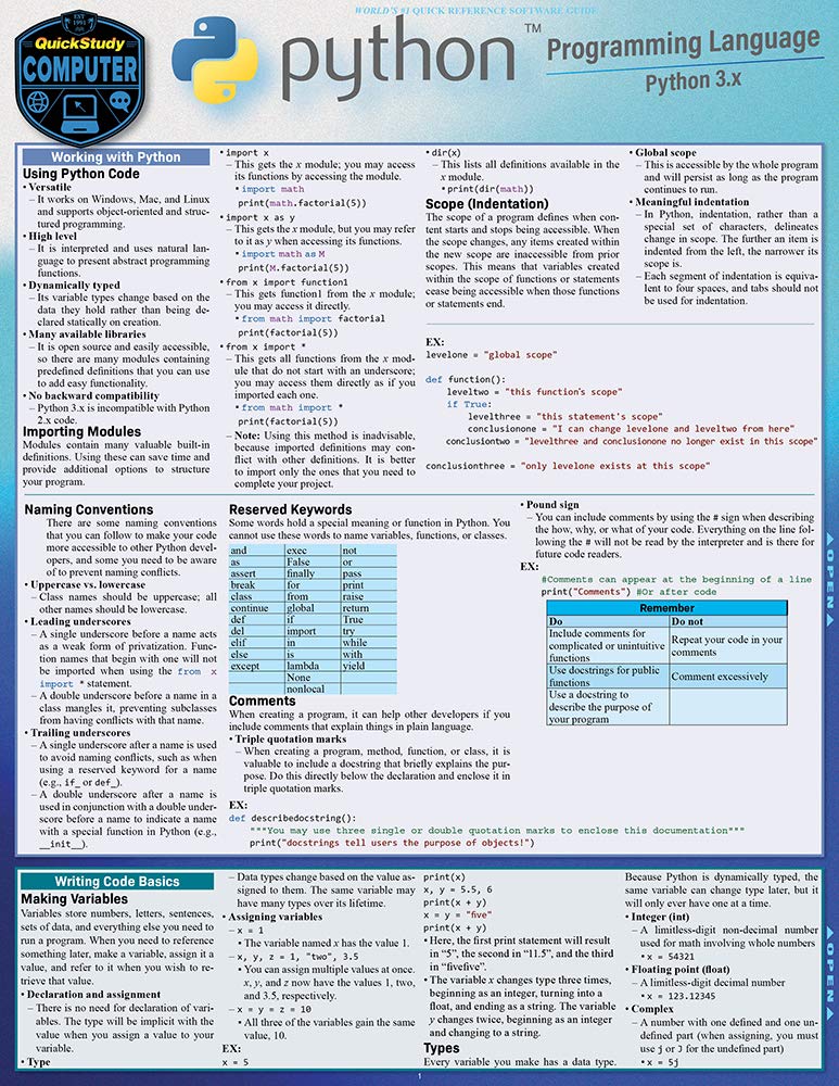 Python Programming Language QuickStudy Laminated Reference Guide,Used
