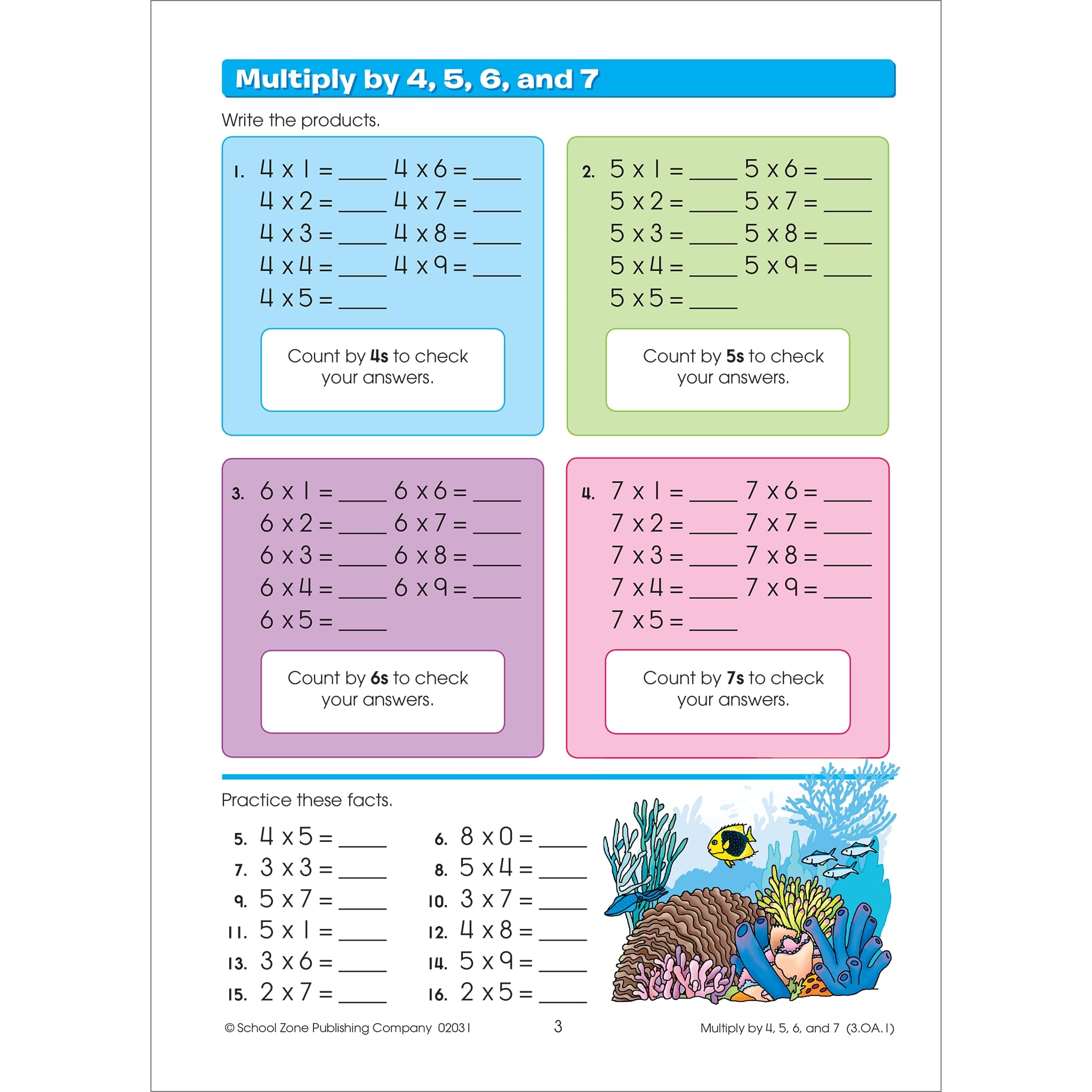 School Zone  Math Basics 3 Workbook  32 Pages, Ages 7 To 8, 3Rd Grade, Multiplication, Division, Fractions, Fact Families, Sto-used