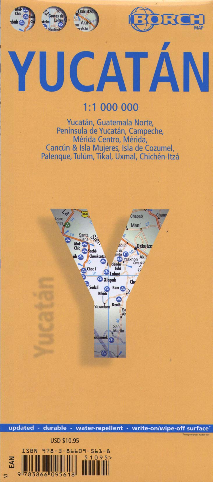 Yucatan Map by Borch in English, Laminated (English, Spanish, French, Italian and German Edition),Used