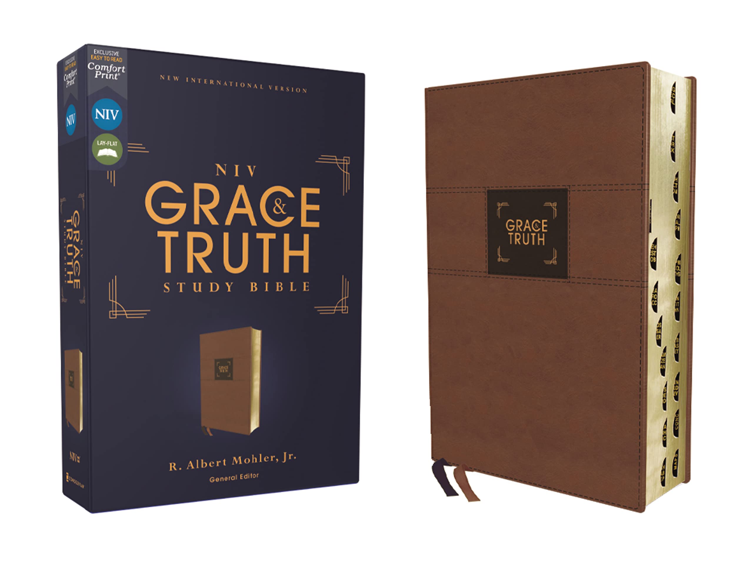 NIV, The Grace and Truth Study Bible (Trustworthy and Practical Insights), Leathersoft, Brown, Red Letter, Thumb Indexed, Comfor,New