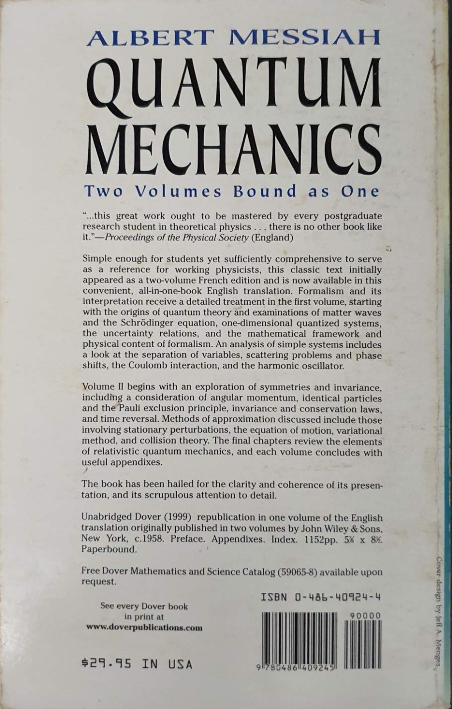 Quantum Mechanics: Two Volumes Bound As One,Used