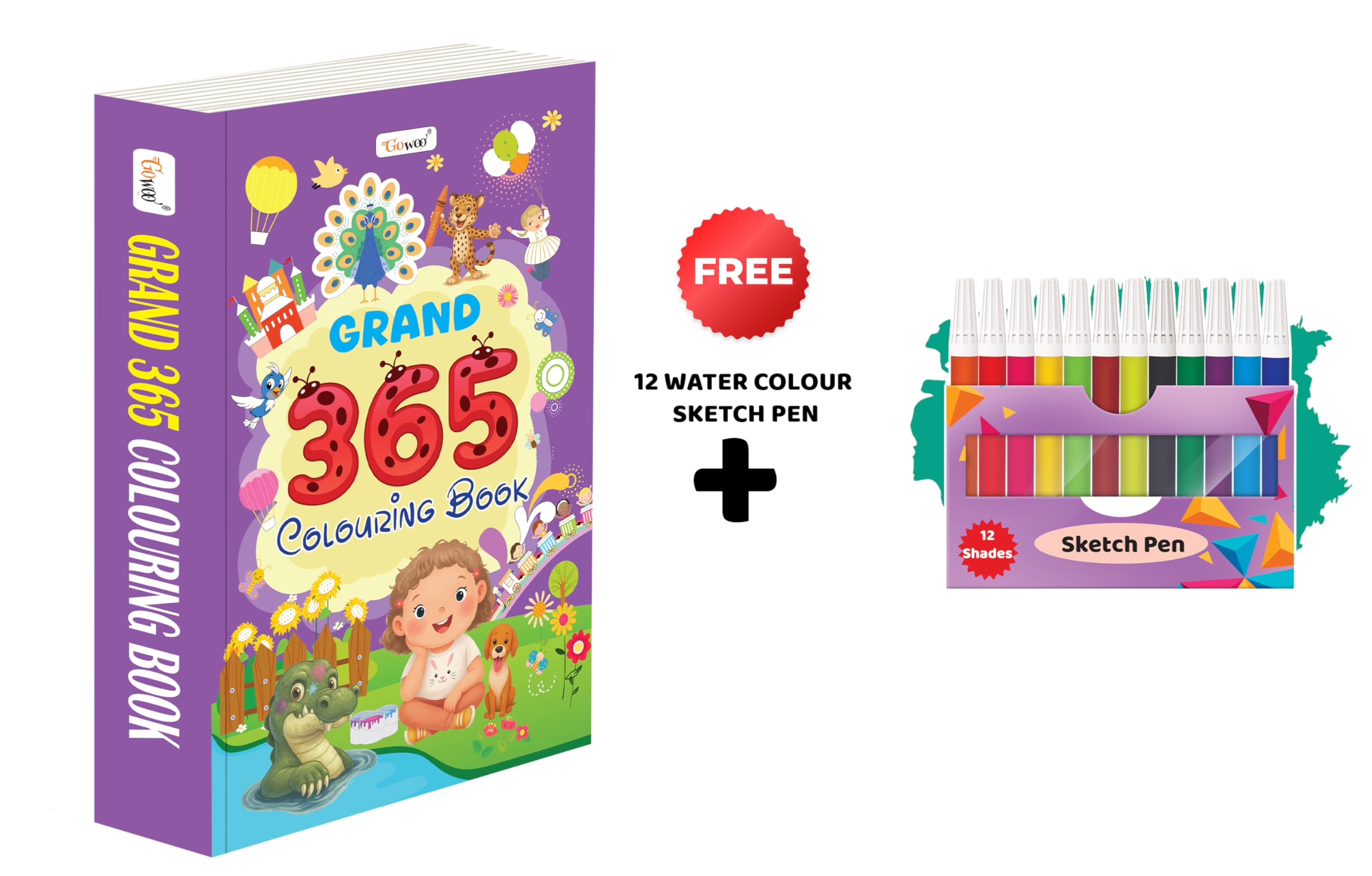 Grand - 365 Colouring Book And 12 Water Colour Sketch Pens :- Creative Art Book For Kids, Preschool Colouring Book, Thick Colouring Book, All-In-One Colouring Set
