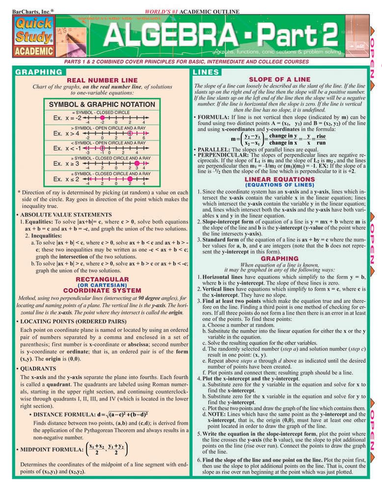 Algebra, Part 2 (Quick Study),Used