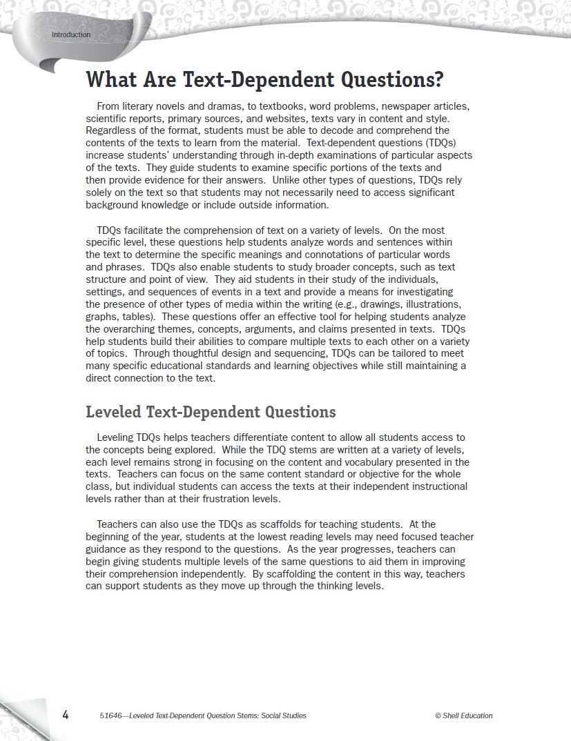 Leveled TextDependent Question Stems: Social Studies,Used