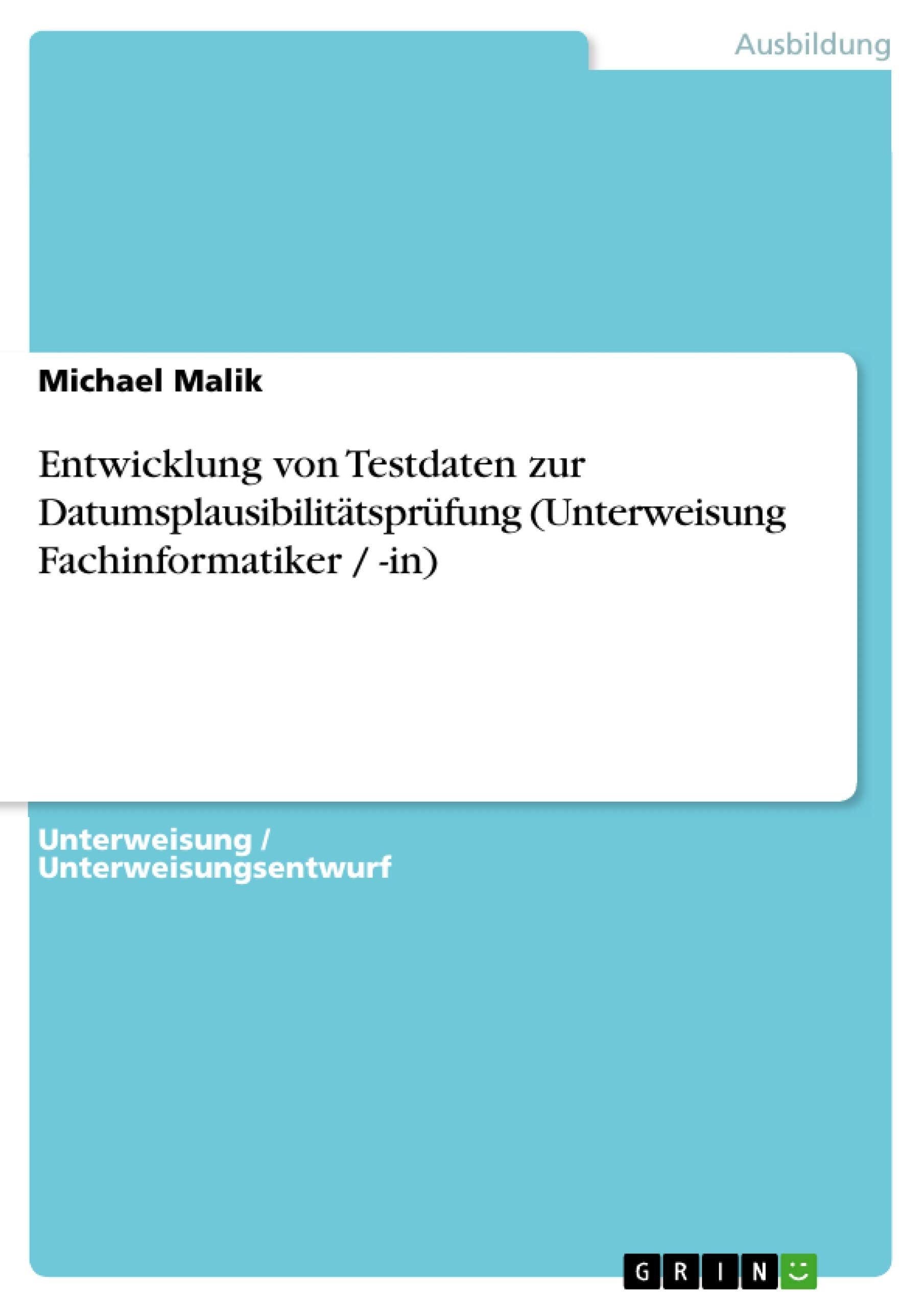 Entwicklung Von Testdaten Zur Datumsplausibilittsprfung (Unterweisung Fachinformatiker / In) (German Edition),Used