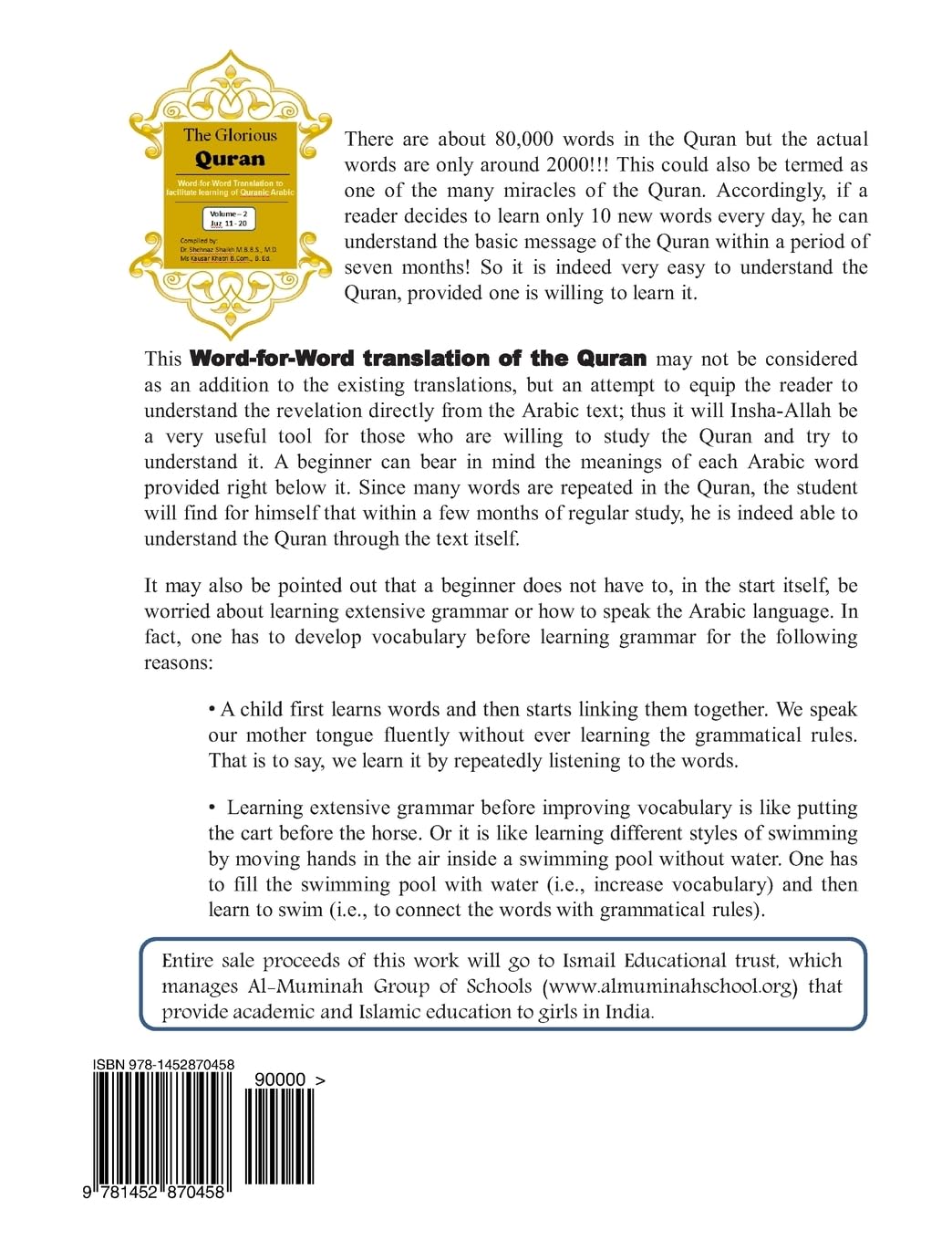 The Glorious Quran WordforWord Translation to facilitate learning of Quranic Arabic: Volume 2 Juz 1120 (English and Arabic Ed,New