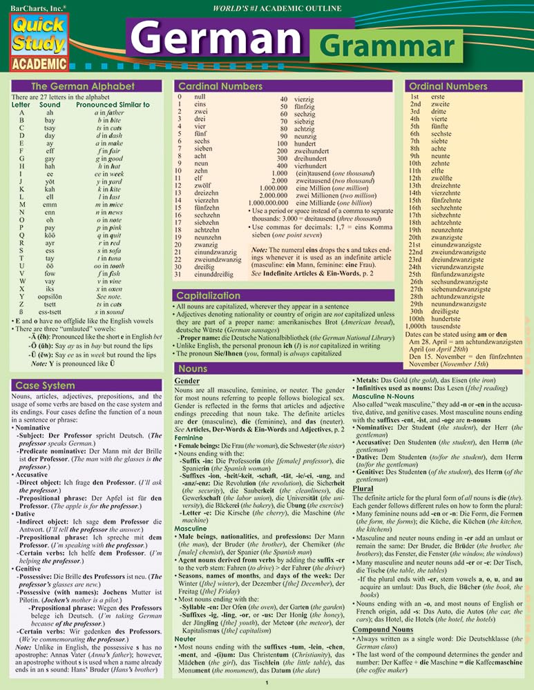 German Grammar Quickstudy Laminated Reference Guide (Quickstudy Academic)