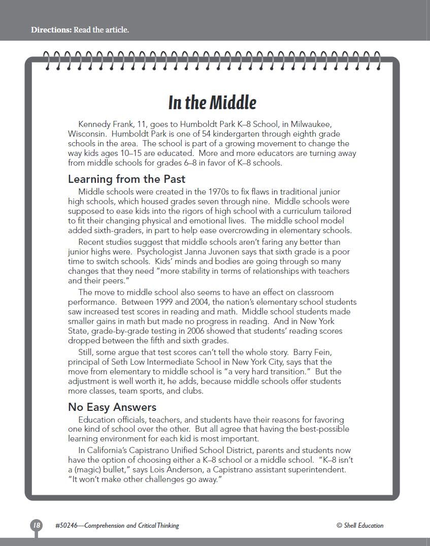 Comprehension and Critical Thinking 6th Grade  Sixth grade workbook with lessons to improve comprehension, critical thinking an,Used