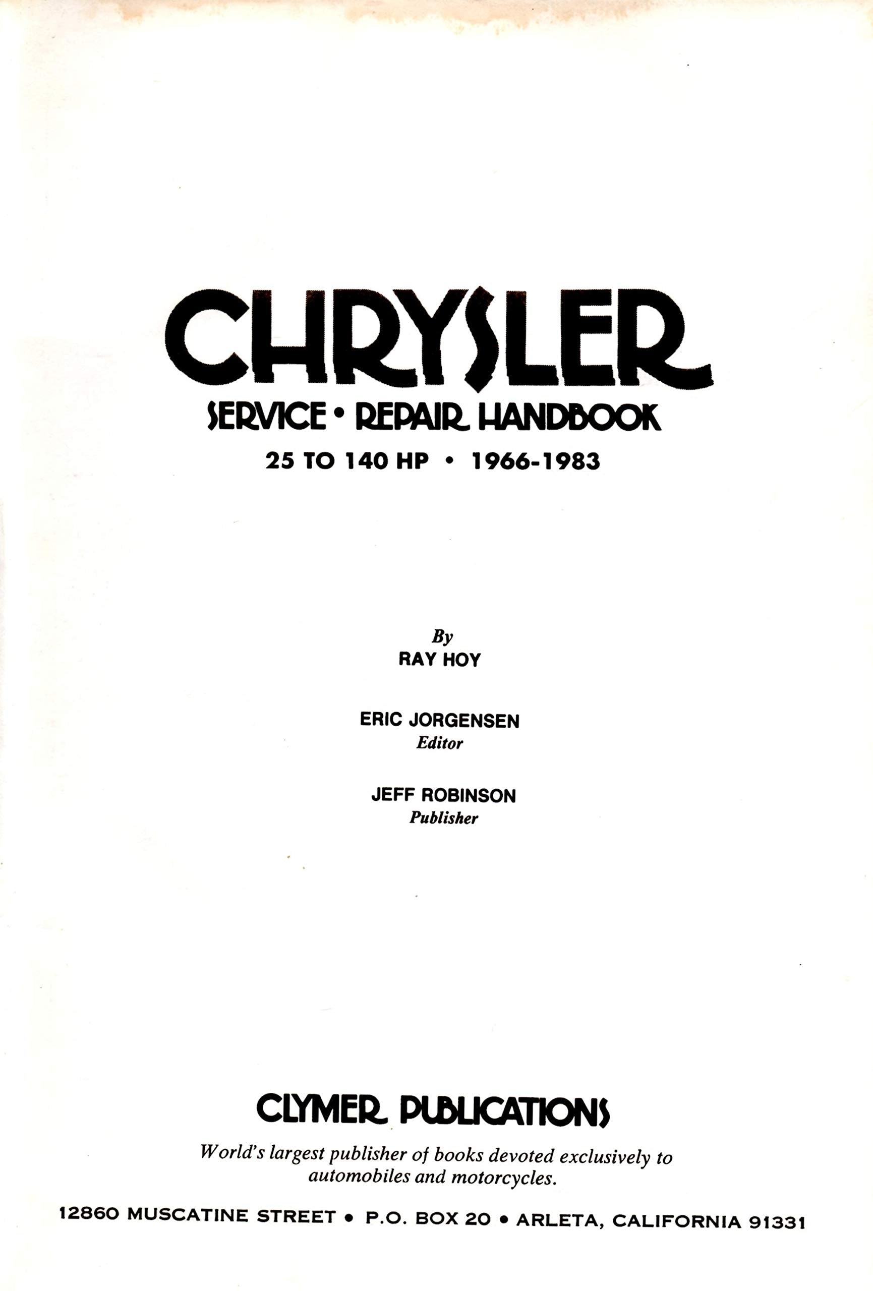 Chrysler Service Repair Handbook 25 to 140 Hp 19661983,Used