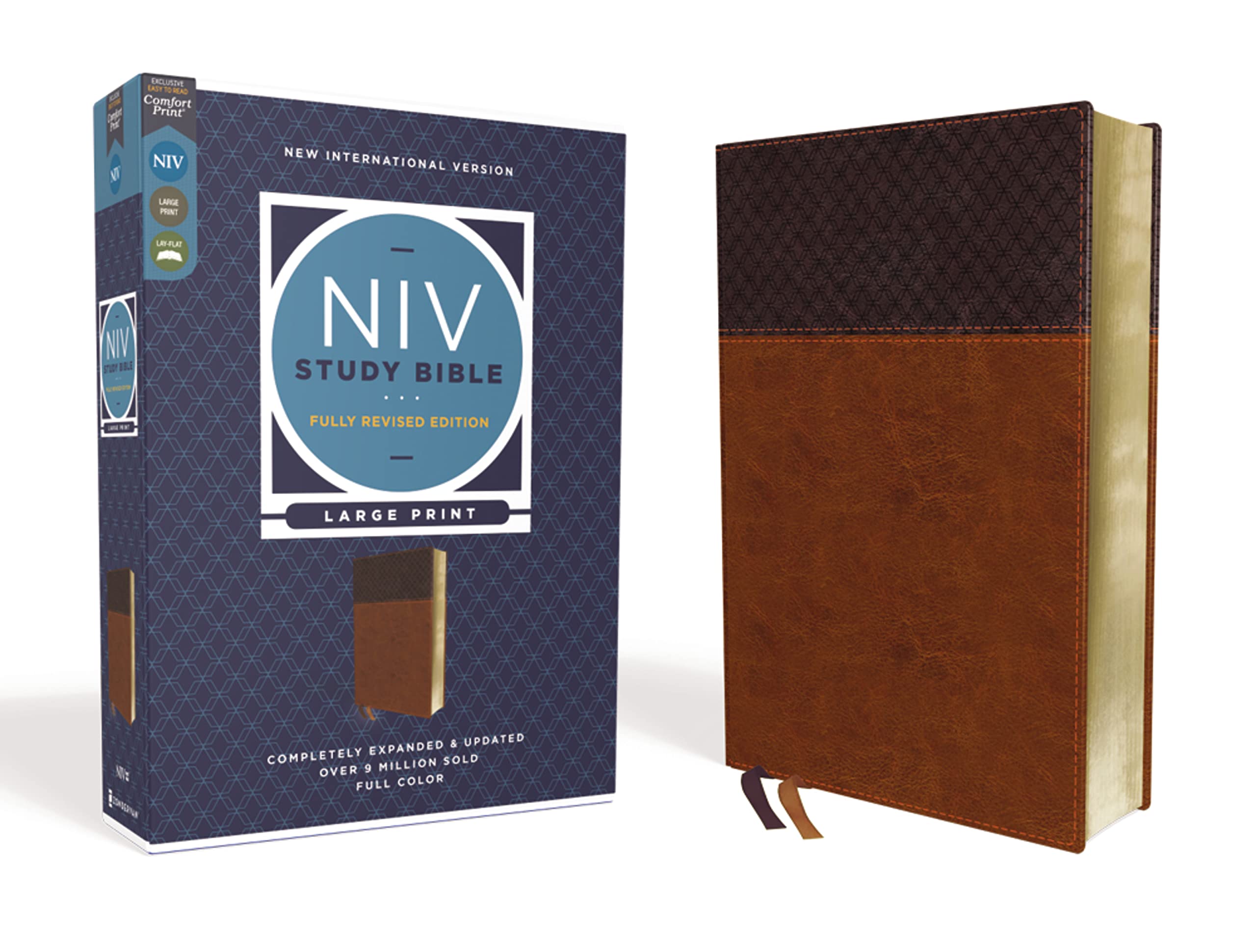 Niv Study Bible, Fully Revised Edition (Study Deeply. Believe Wholeheartedly.), Large Print, Leathersoft, Brown, Red Letter, Com