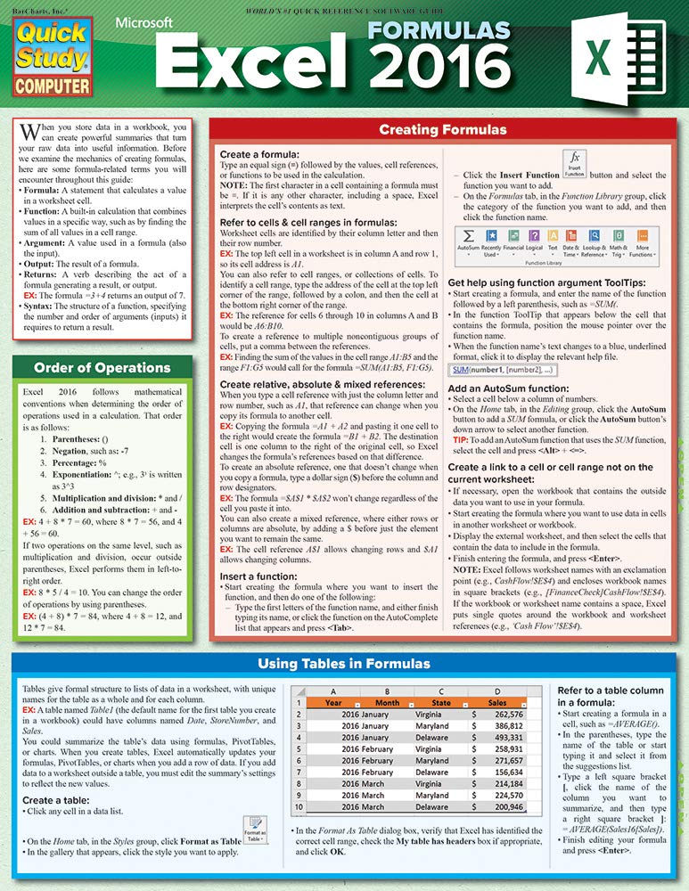 Excel 2016 Formulas (Quick Study Computer),Used