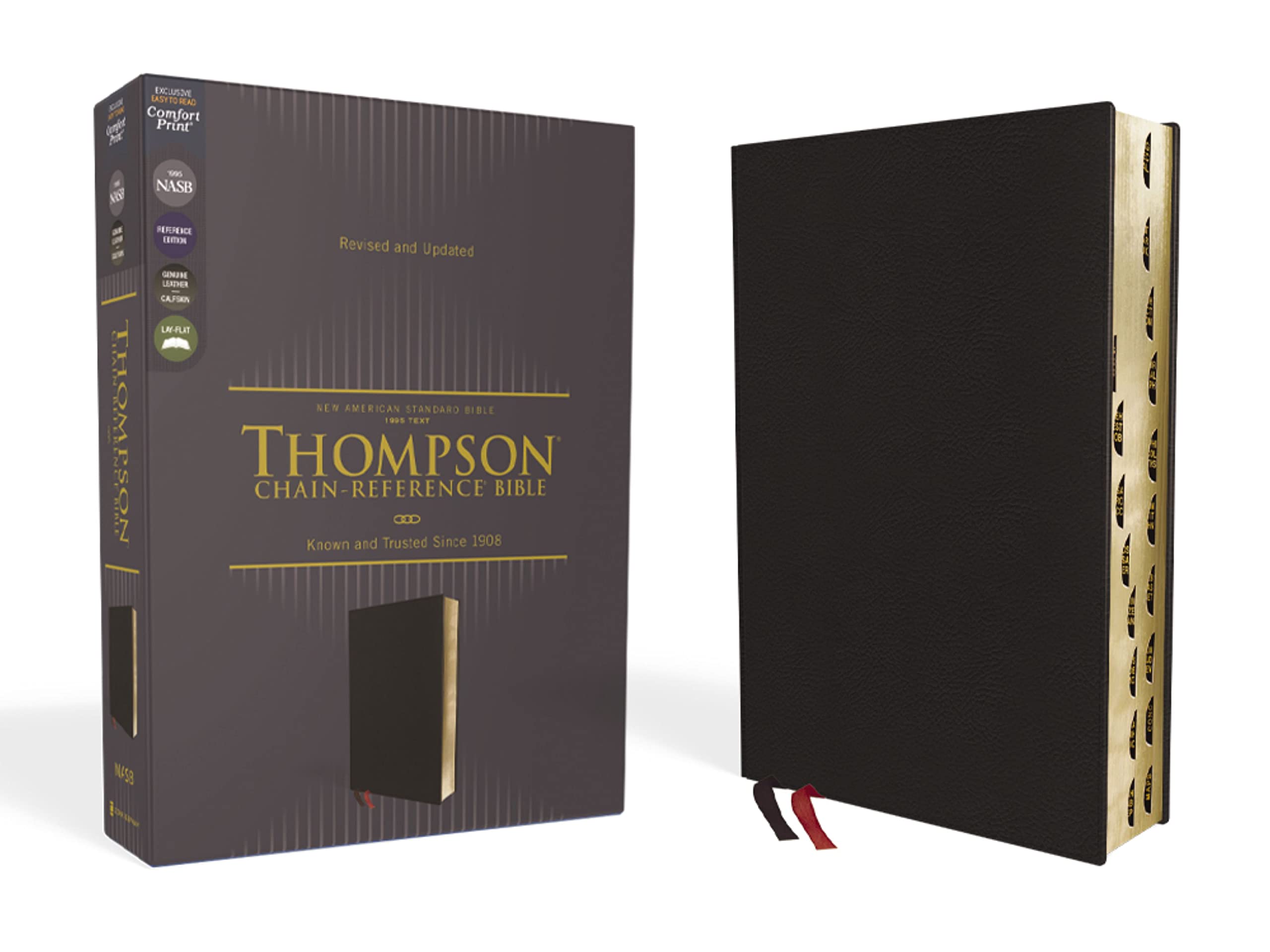 NASB, Thompson ChainReference Bible, Genuine Leather, Calfskin, Black, 1995 Text, Red Letter, Thumb Indexed, Comfort Print