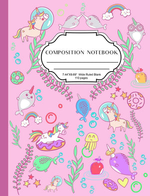 Wide Rule Composition Notebook: Cute composition notebook for girls, lovely pink colour glossy cover with narwhal and unicorn sp,Used